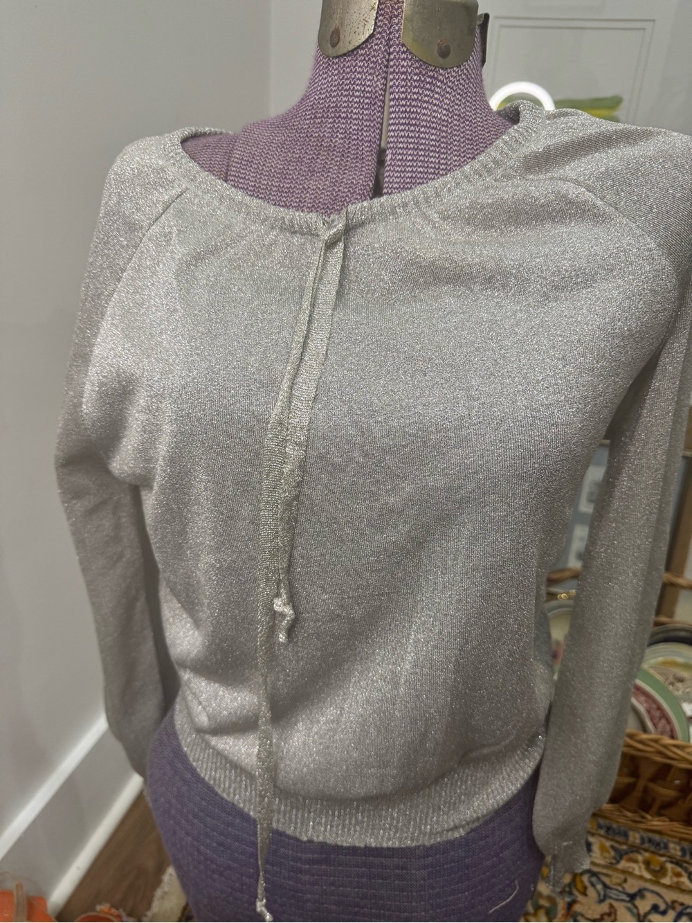 Vintage Shimmery Silver Long Sleeve Knit Top, lightweight disco vibes. It’s cute